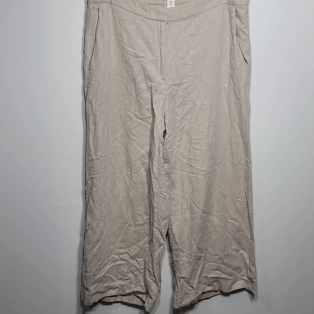 H&M Taupe Linen Blend Cropped Capri Wide Leg Trousers